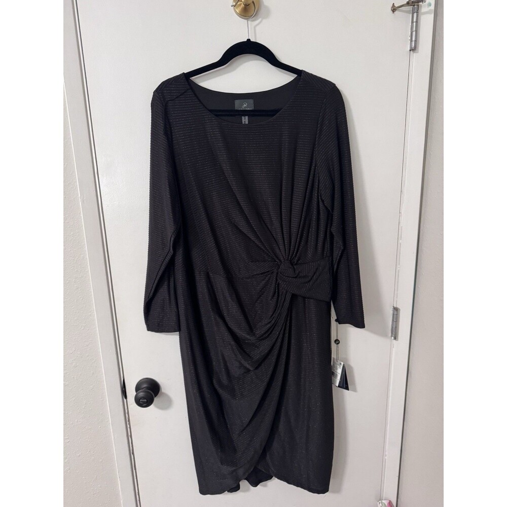 Adrianna Papell Metallic Knit Draped Dress Black 14W Long Sleeve Knee Length